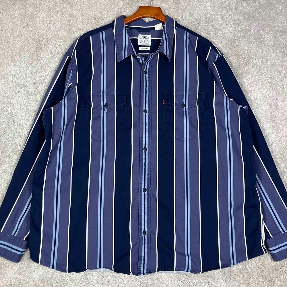 Levis Relaxed Western Shirt Mens XXL Blue Striped Long Sleeve Button Up Pocket